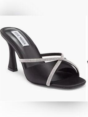 Steve Madden Black Satin Heeled Sandal with Silver Crystal Straps 10M
